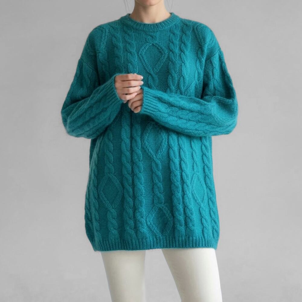 Vintage Fuzzy Mohair Wool Cableknit Sweater Teal Jewel Tone Dopamine Dressing L